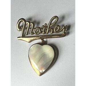Vintage Mother Dangling Heart Locket Brooch Gold Tone Faux Mother of Pearl Pin